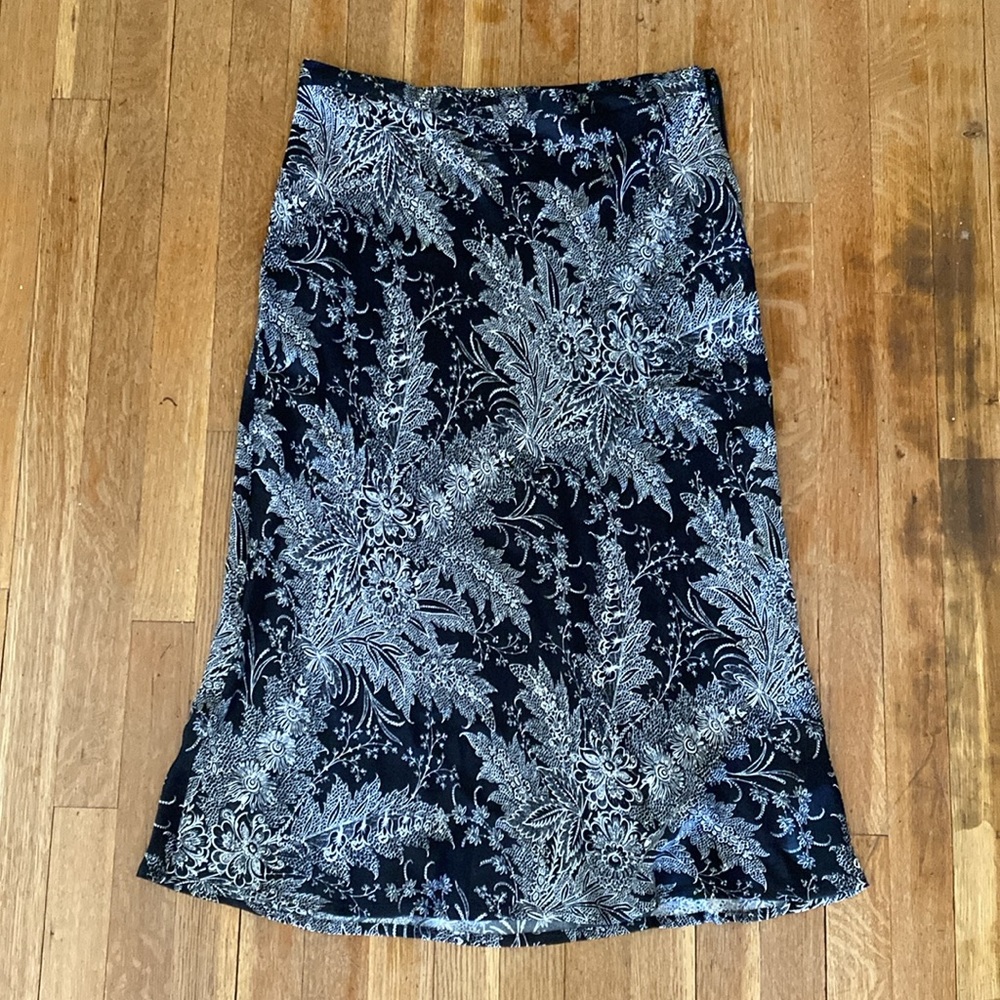 Anthropologie Black White Bias Midi Skirt Size 12 Elegant Drape Floral Skirt